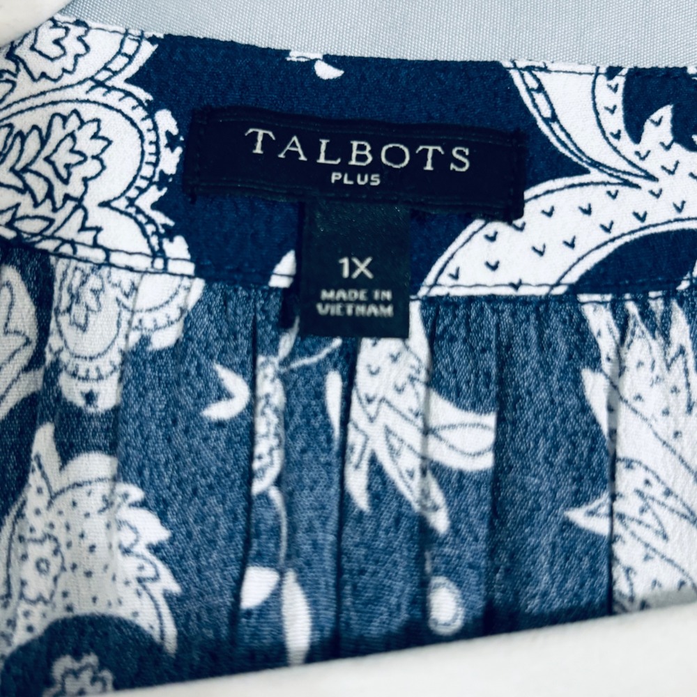 Talbots Plus Navy White Paisley Midi Dress with Belt Sz 1X High Low Hem - Picture 10 of 11